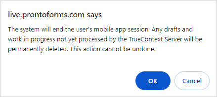 When you select "Reset Mobile App", the system displays a confirmation message.
